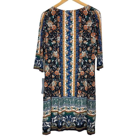 London Times Dress Floral Border Pattern 3/4 Sleeve Shift Mini Multicolor NWT 10 - Picture 5 of 11